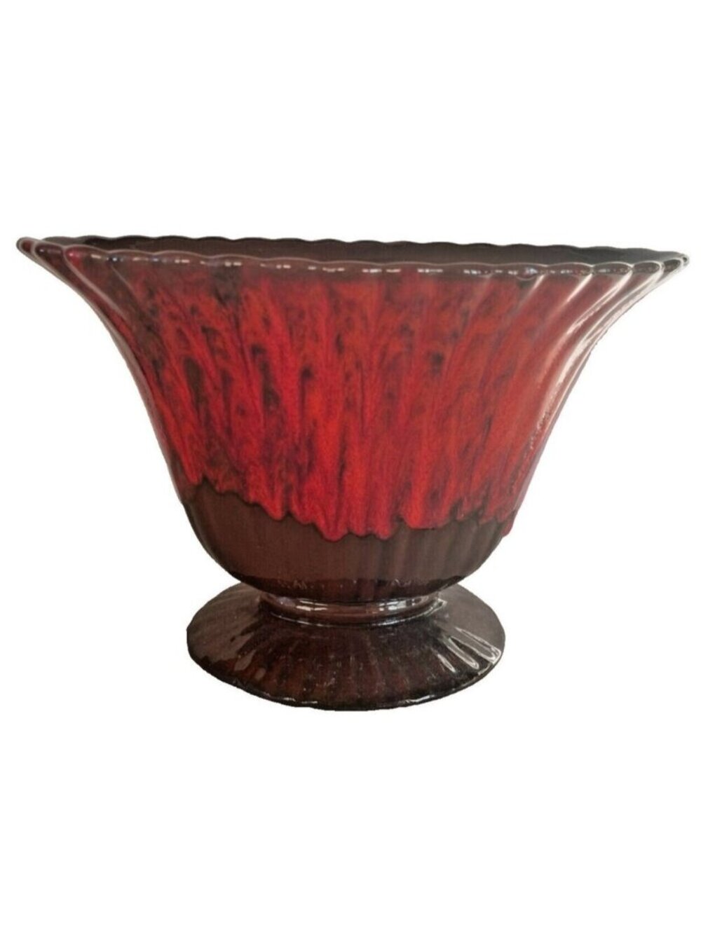 Vintage Red Drip Glaze Pedestal Planter Flared Scalloped MCM Canada 5.5" x 8"